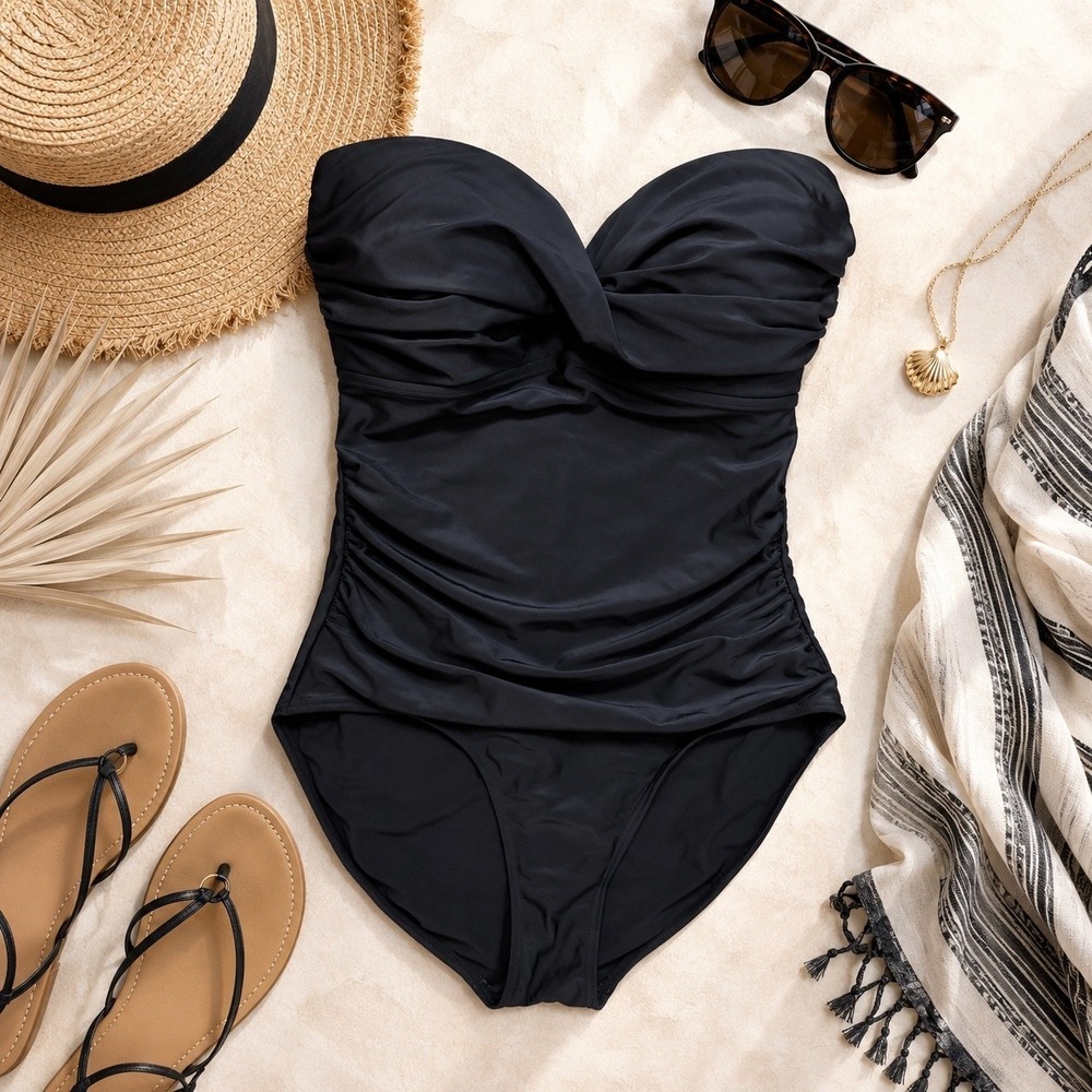 Paper Denim & Cloth Swimsuit Women 14 Black Excellent Strapless Ruched One-Piece